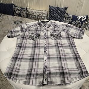 BKE Black Men's Plaid Short Sleeve Shirt - Black and White Athletic Fit sz L